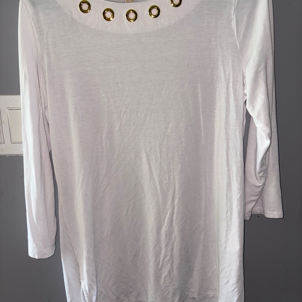 Womens Michael Kors  white Gold hardware 3/4 Sleeve Shirt Top Large Stretch